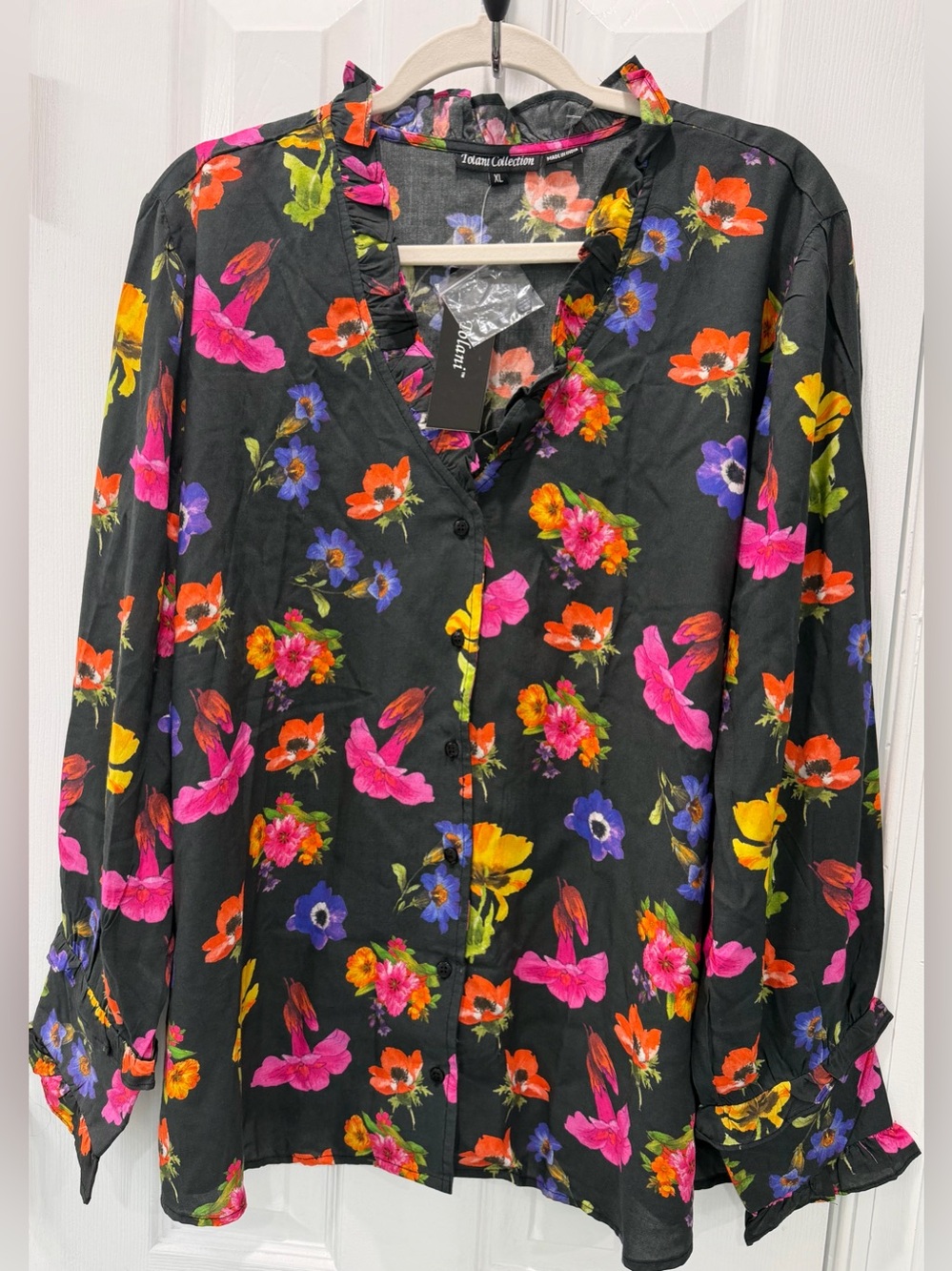 Tolani Black Floral Ruffle V-Neck Button Blouse